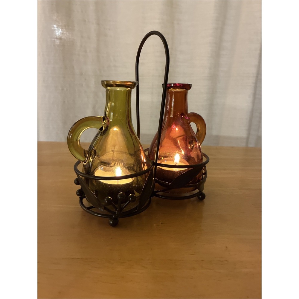 Vintage Yankee Candle Oil & Vinegar Cruet-Style Tea Light & Votive Holder Set